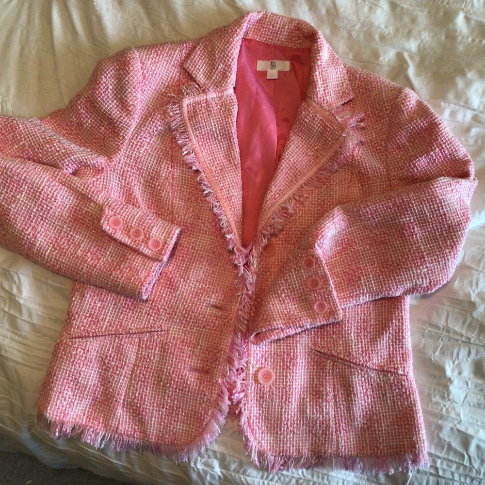 Frayed fringe trimmed pink suit jacket, size 8